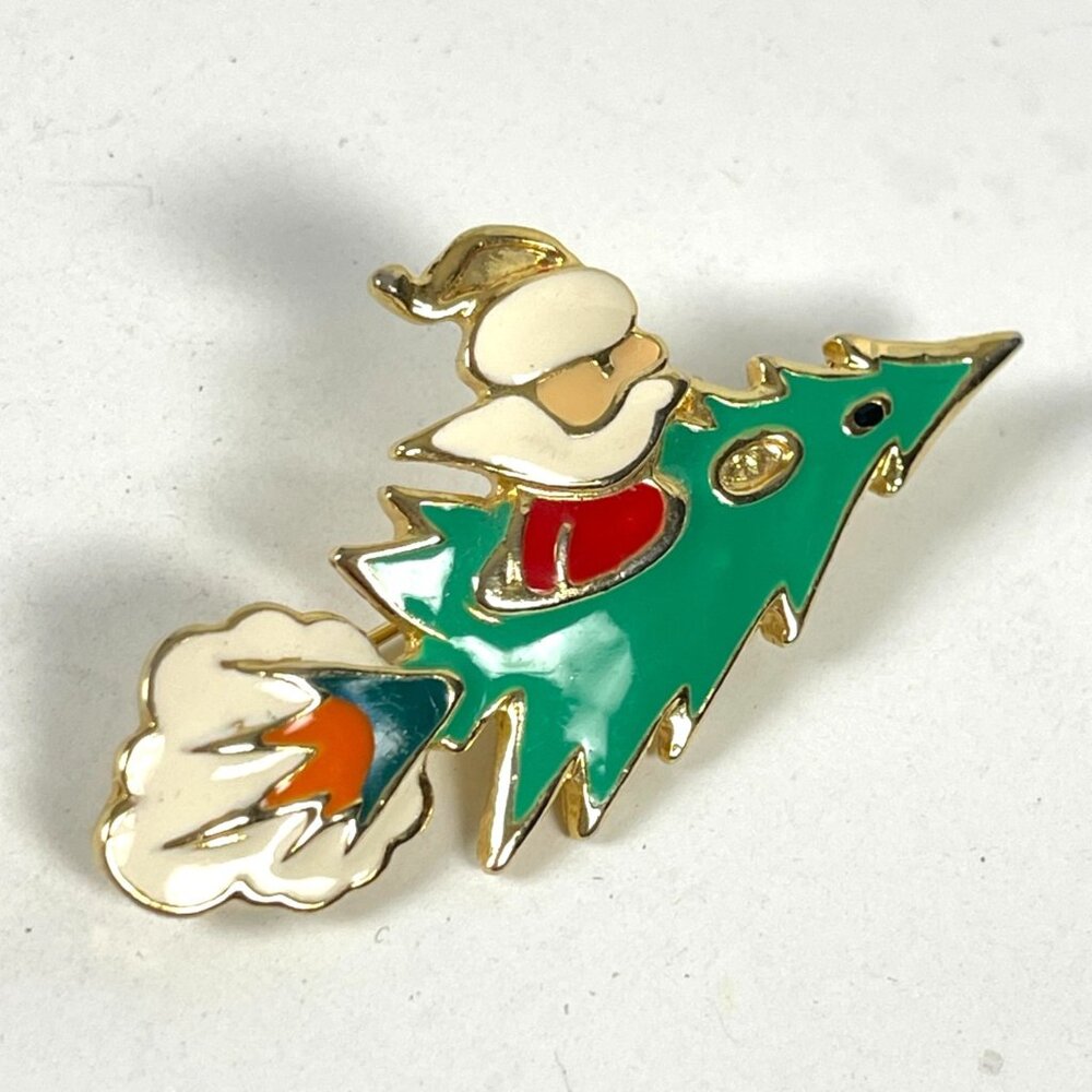 Edgar Berebi Santa Claus Rocket Christmas Tree Vtg Gold Enamel Pin Brooch 90s - Picture 3 of 4